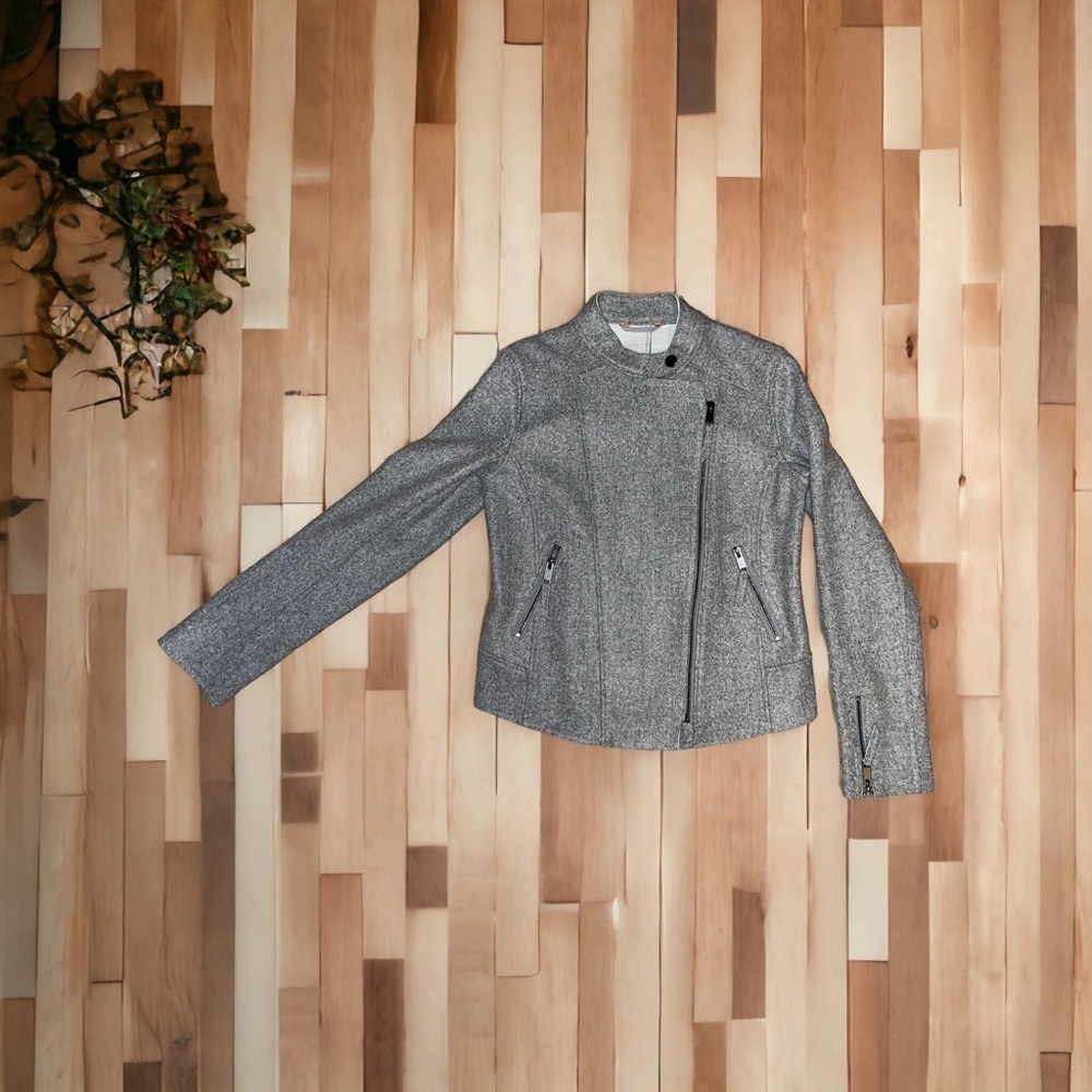 Banana Republic Moto Grey Boiled Wool laser cut blazer -Sz M-zipperdetails NWOT - Picture 9 of 12